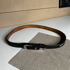 Lucchese Black Leather Southwestern Embroidered Western Belt Silver Buckle‎ 2315